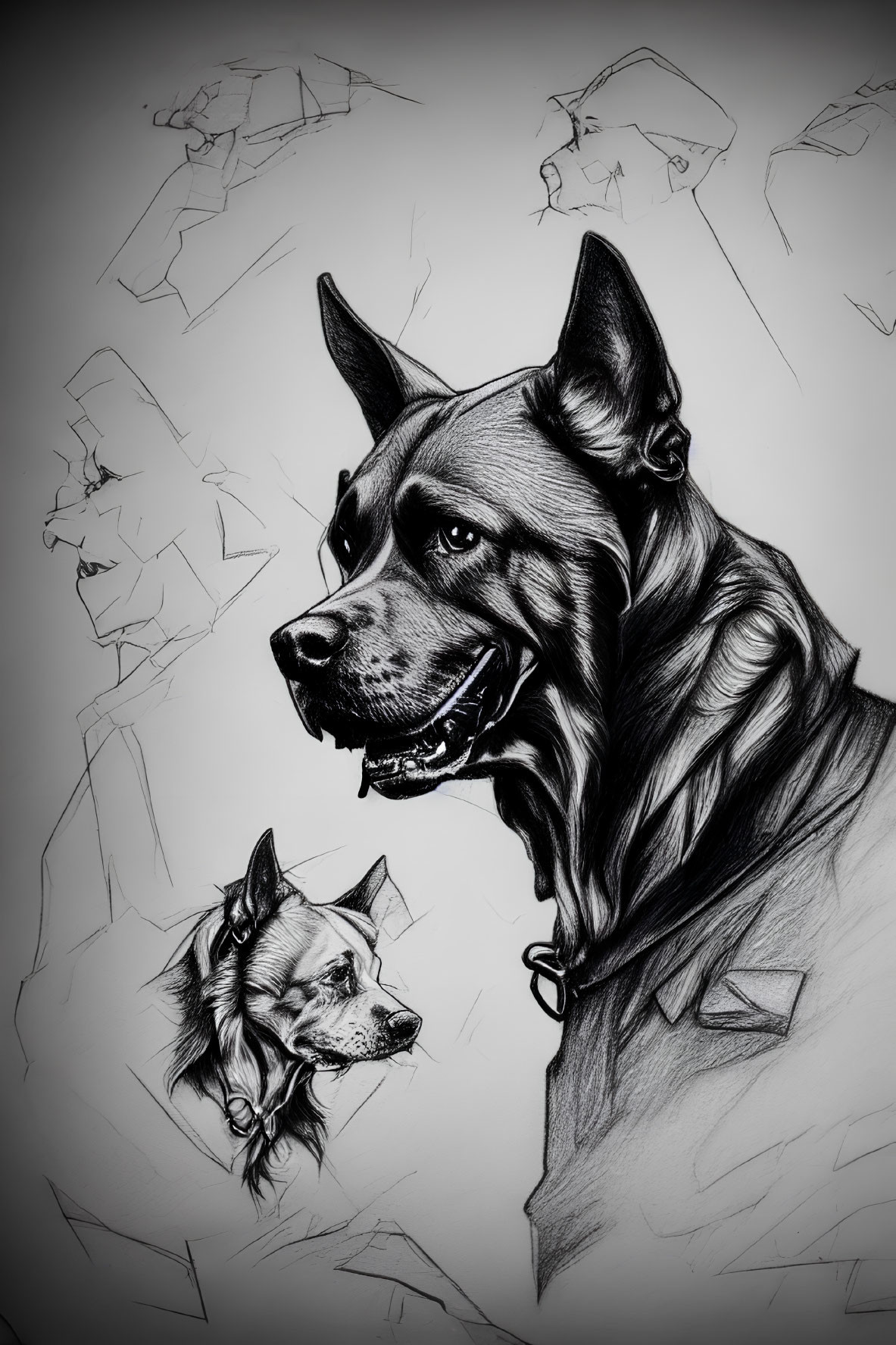 Detailed black and white sketch of two dogs in varied line drawings