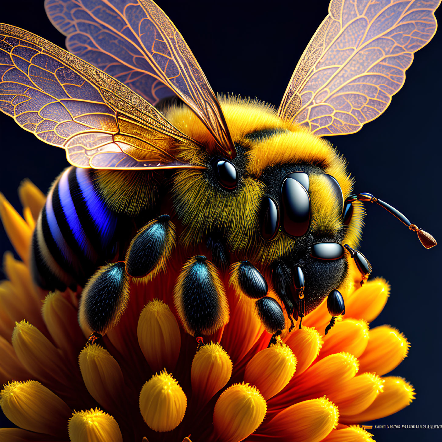 Detailed Realistic Illustration of Bee on Orange Flowers