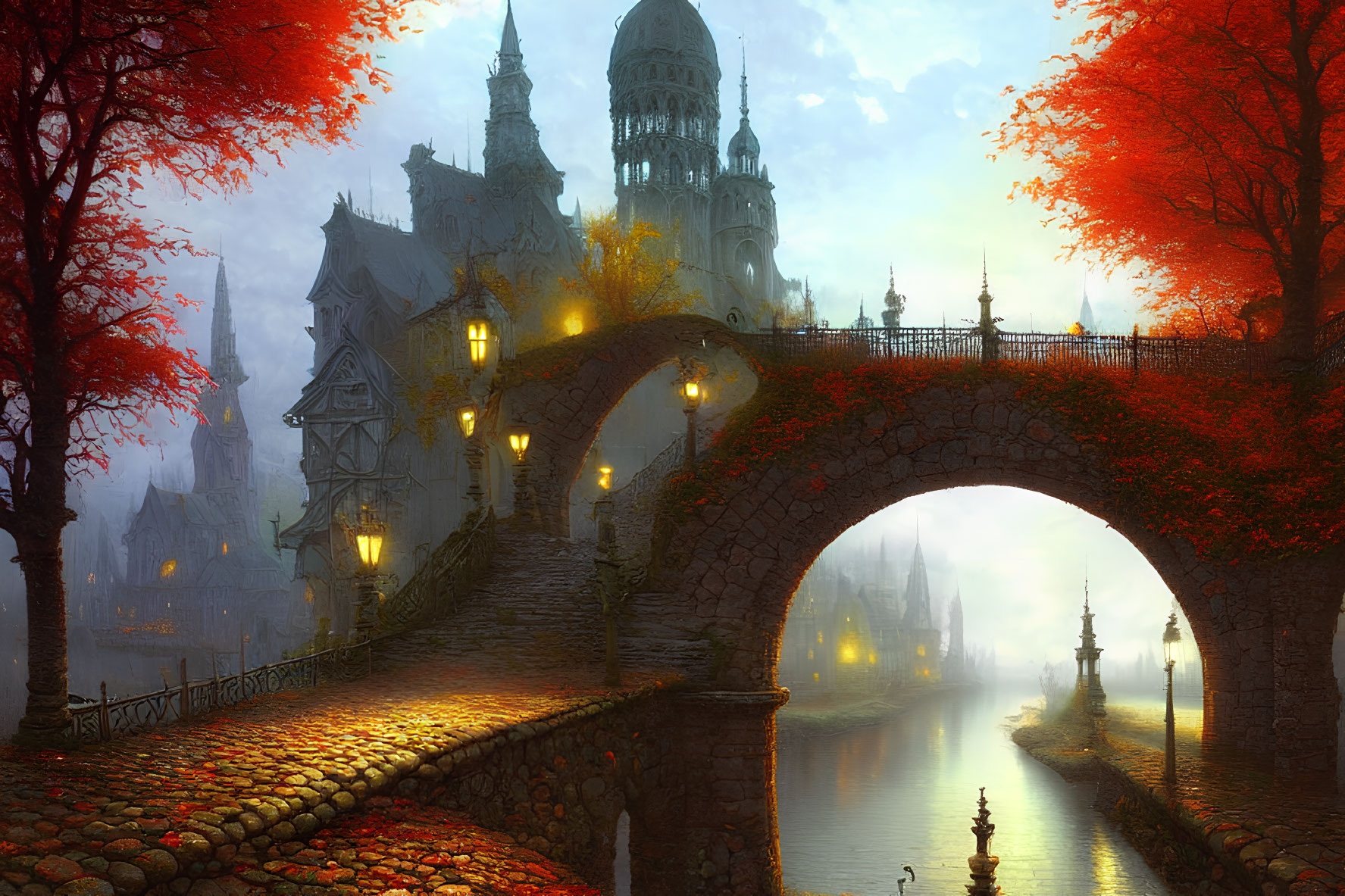 Fantasy scene: Stone bridge, glowing lanterns, calm river, enchanting castle, autumnal