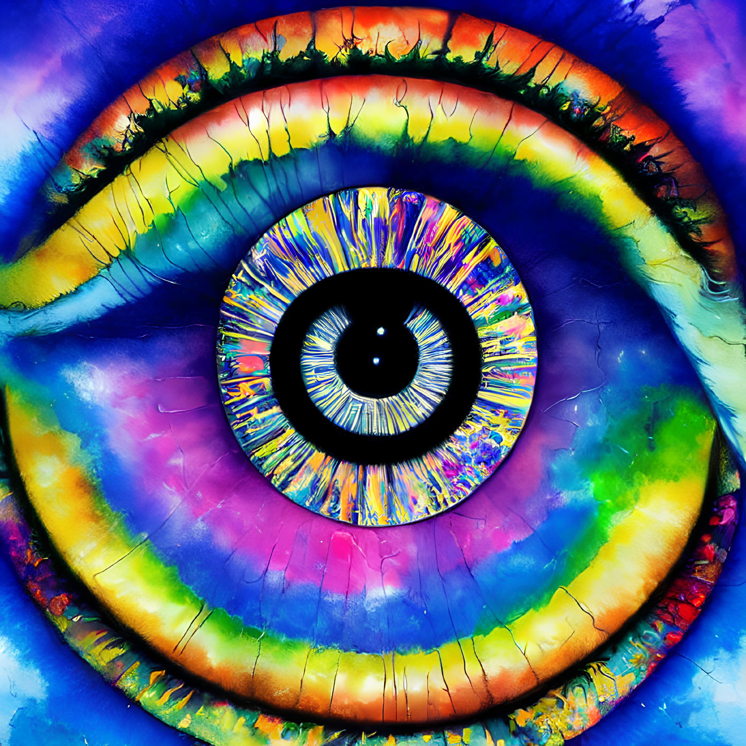 Colorful Close-Up of Eye with Rainbow Hues and Starburst Iris Pattern