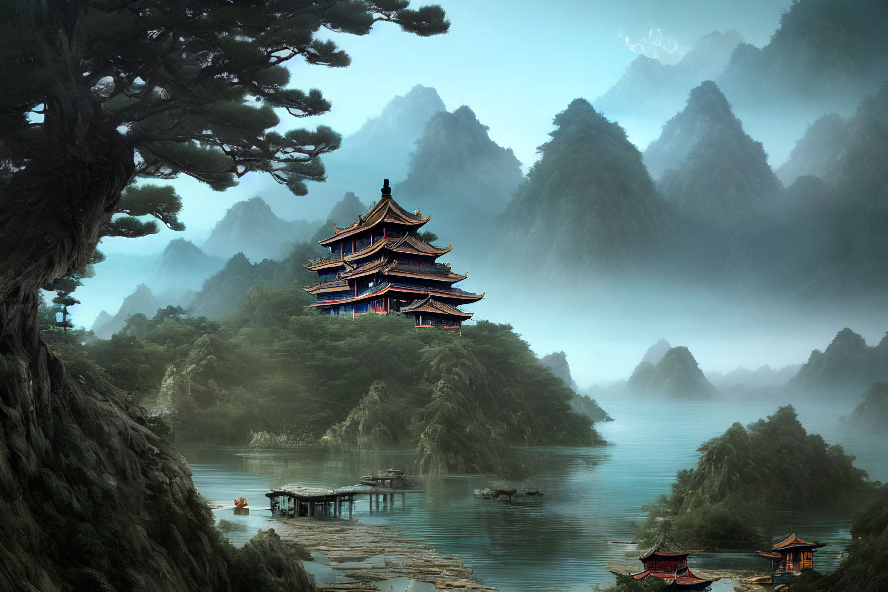 Traditional Pagoda in Misty Mountain Landscape with River and Boats