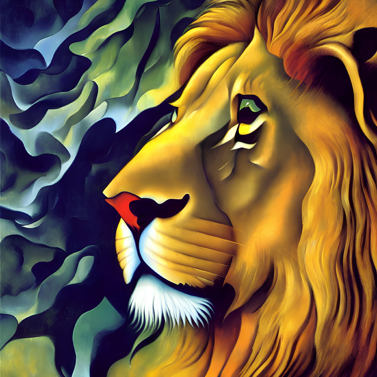 Colorful Stylized Lion Illustration with Flowing Mane on Abstract Green and Black Background