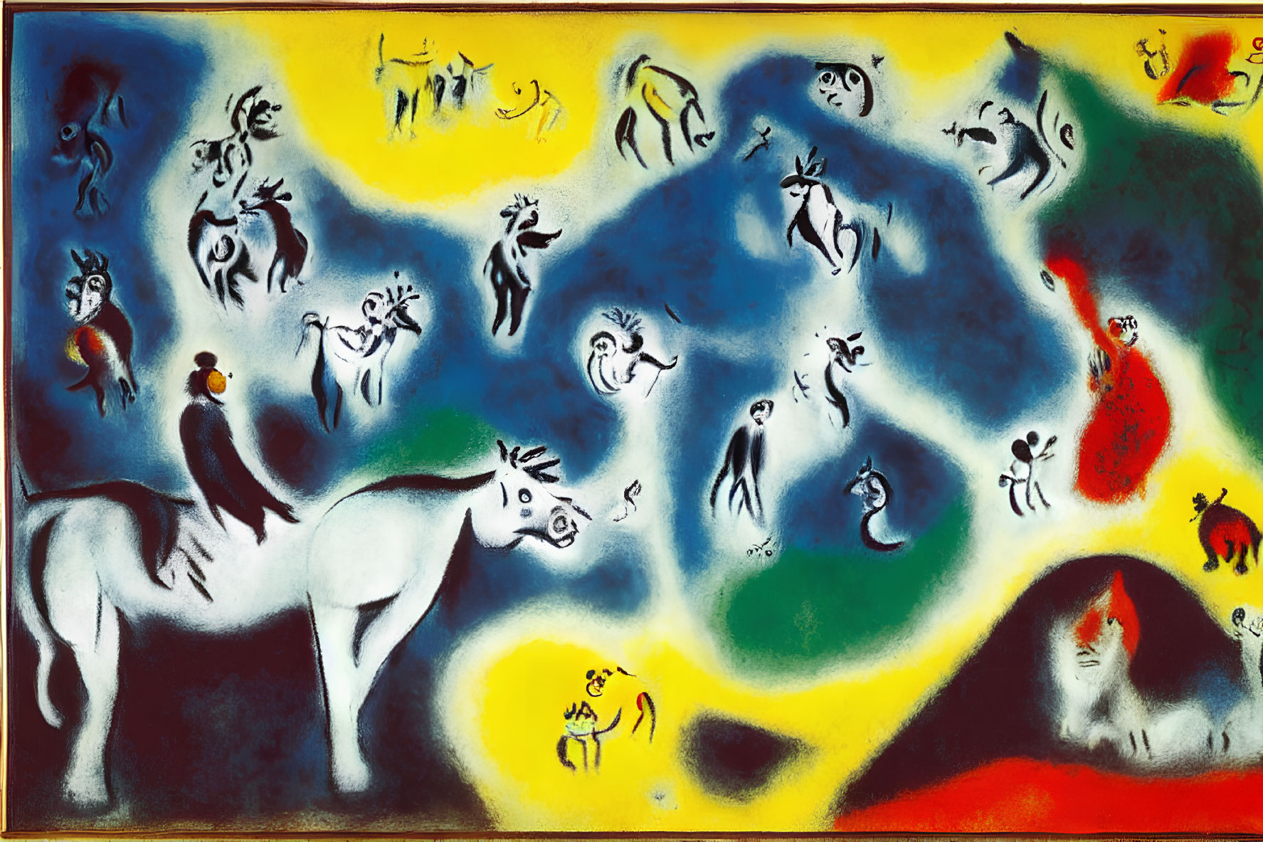 Vibrant Abstract Painting with Human and Animal Figures in Blue, Yellow, and Red