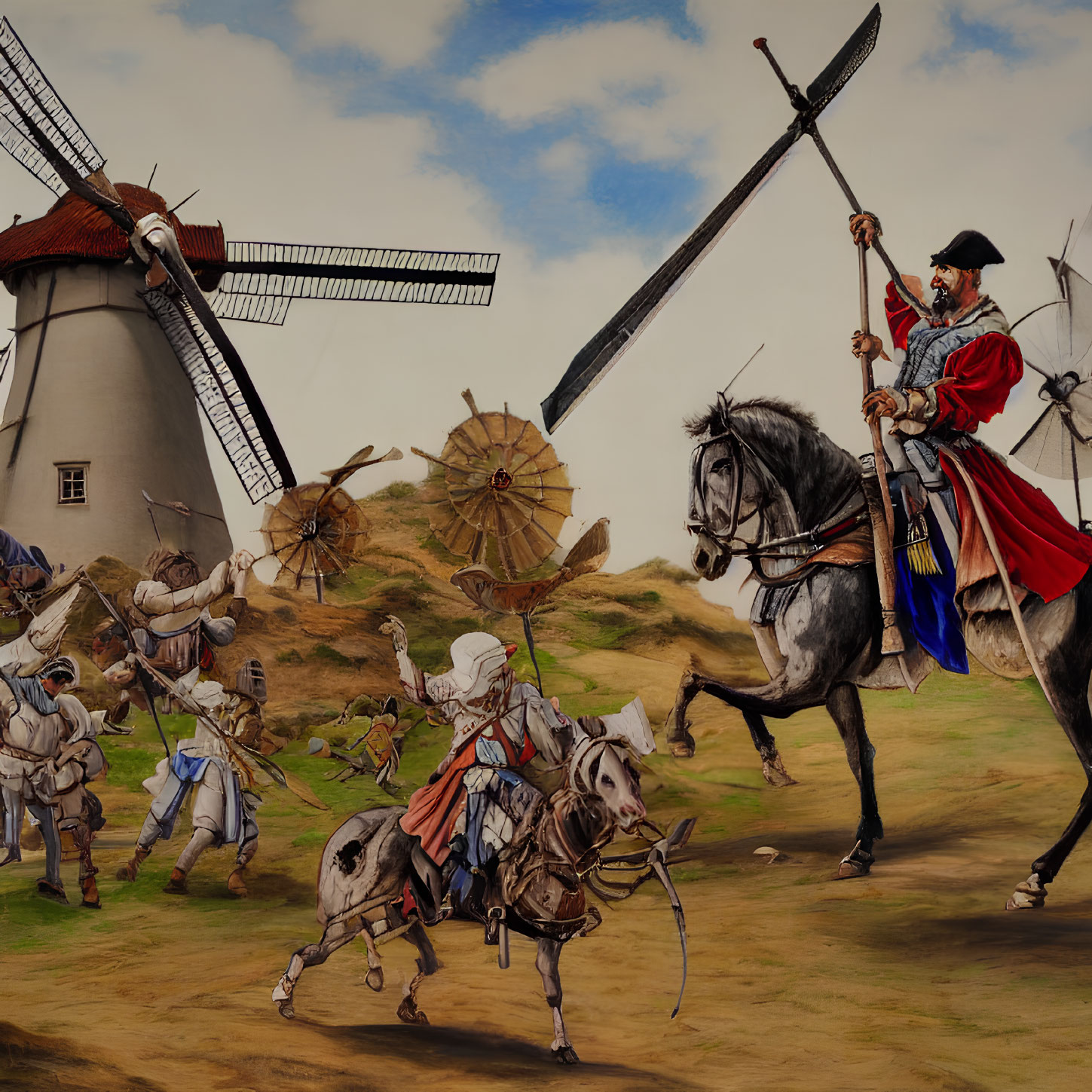 Medieval knight on horseback attacks windmills in a scene reminiscent of Don Quixote