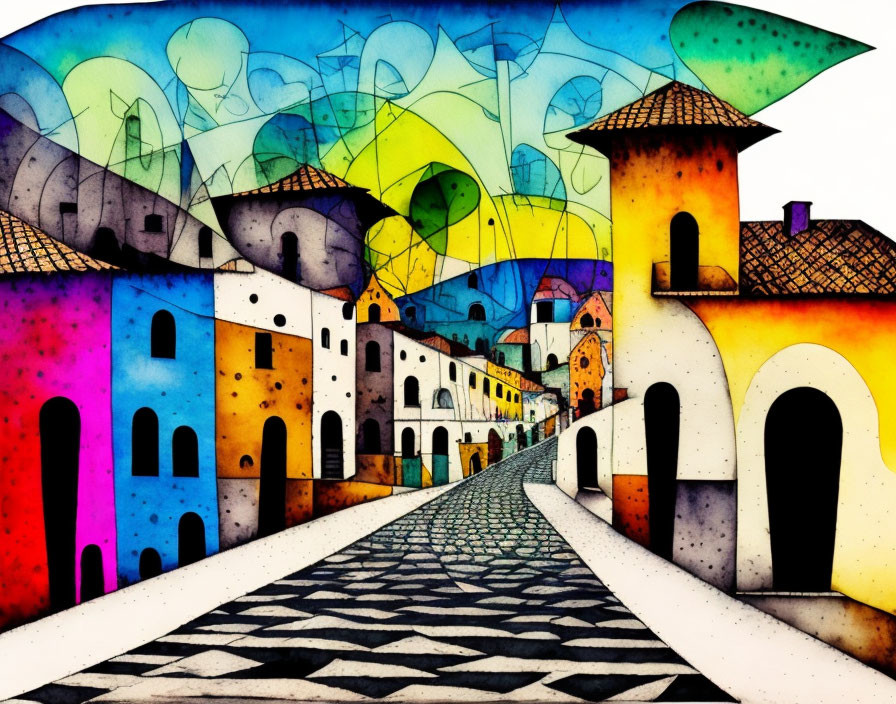 Vibrant village street painting with whimsical houses and abstract sky