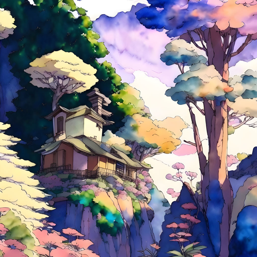 Colorful Trees and Quaint House on Cliff in Whimsical Illustration