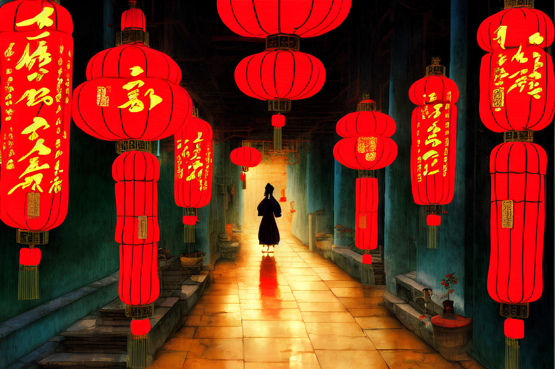 Silhouette of person in red-lantern-adorned Asian corridor