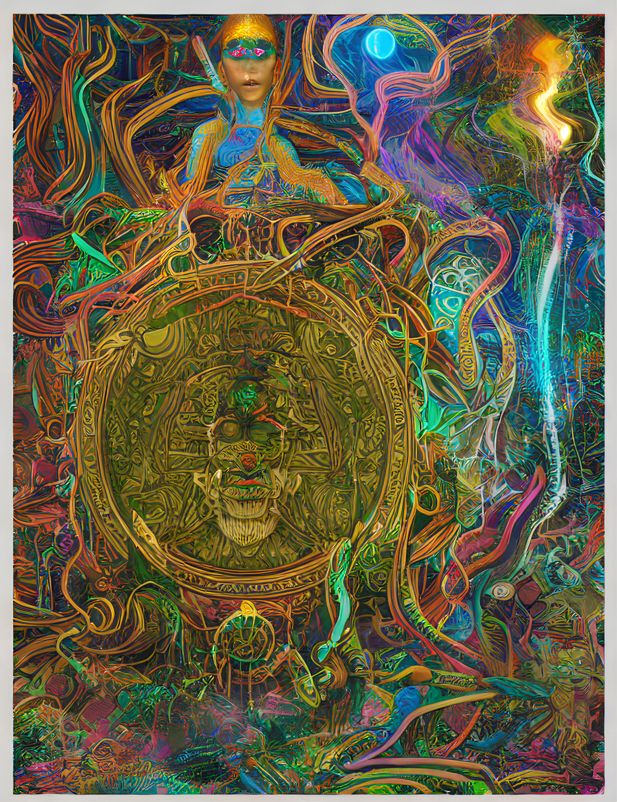 Colorful Psychedelic Digital Art with Central Humanoid Figure and Gold Mask