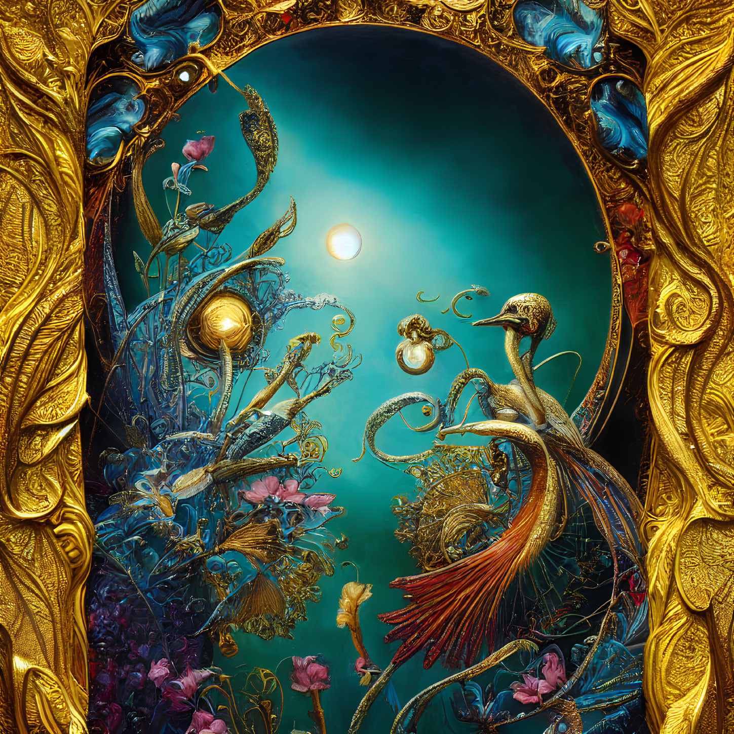 Stylized peacock in gold frame with floral and aquatic motifs