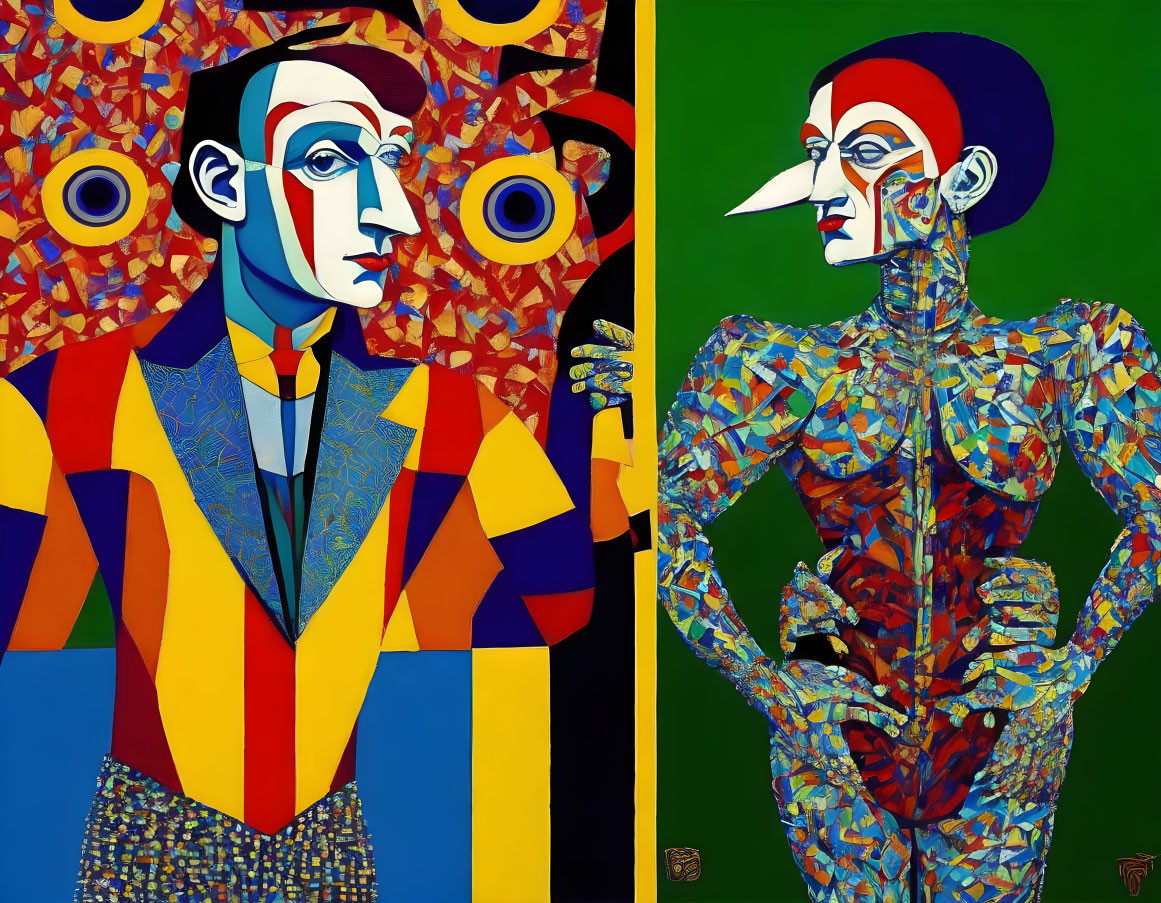 Stylized geometric diptych with vibrant portraits in different poses
