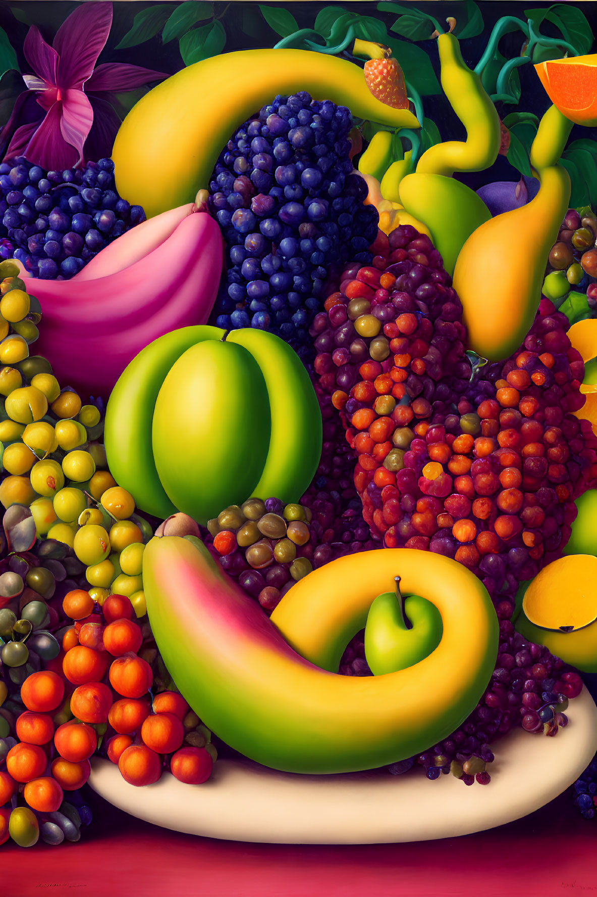 Vibrant still life painting of assorted fruits on dark table