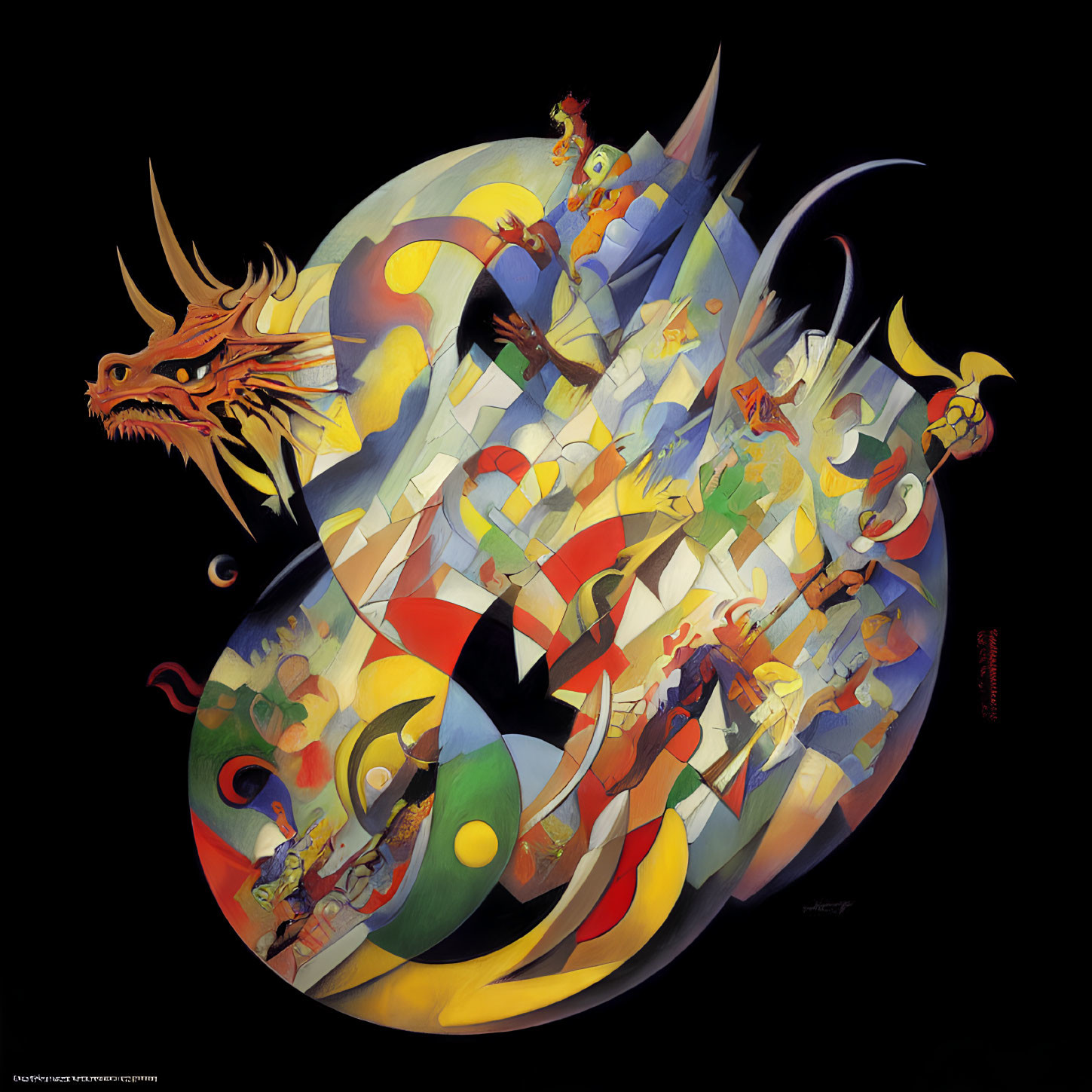 Colorful abstract dragon art with geometric shapes blend