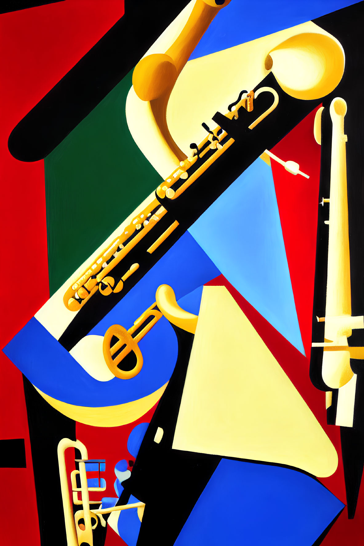 Colorful Abstract Painting with Geometric Shapes and Brass Instruments on Red Background