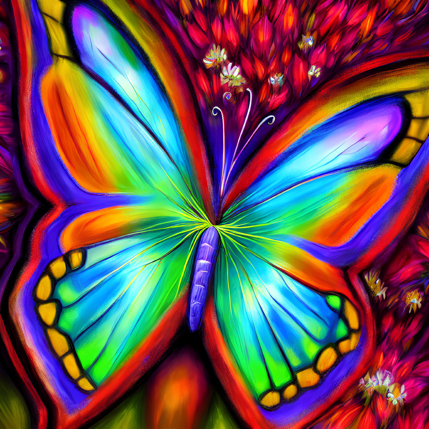 Colorful Butterfly Artwork with Red Flowers Background