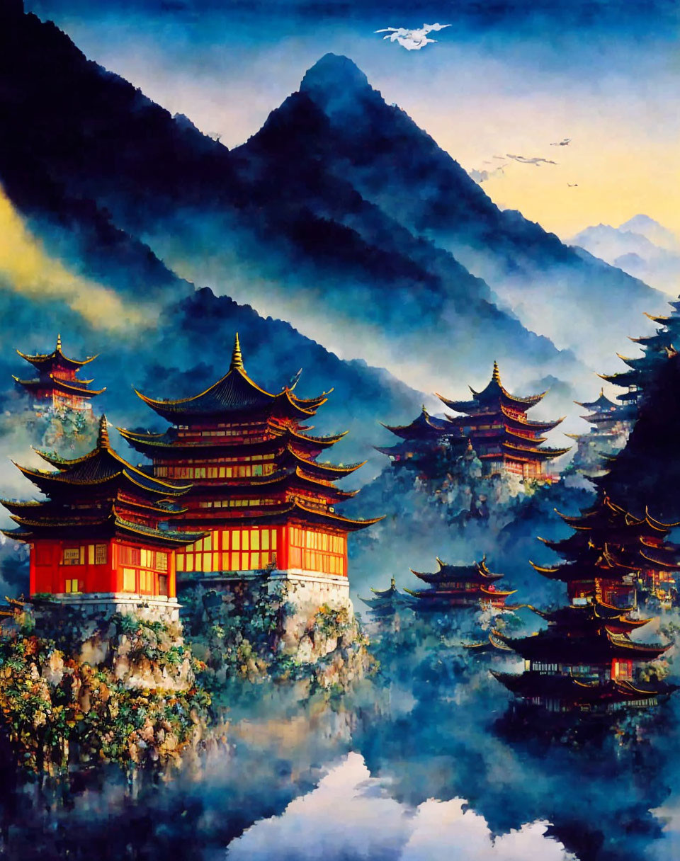 Traditional Chinese Ink Painting of Misty Mountains and Pagoda Buildings Among Trees