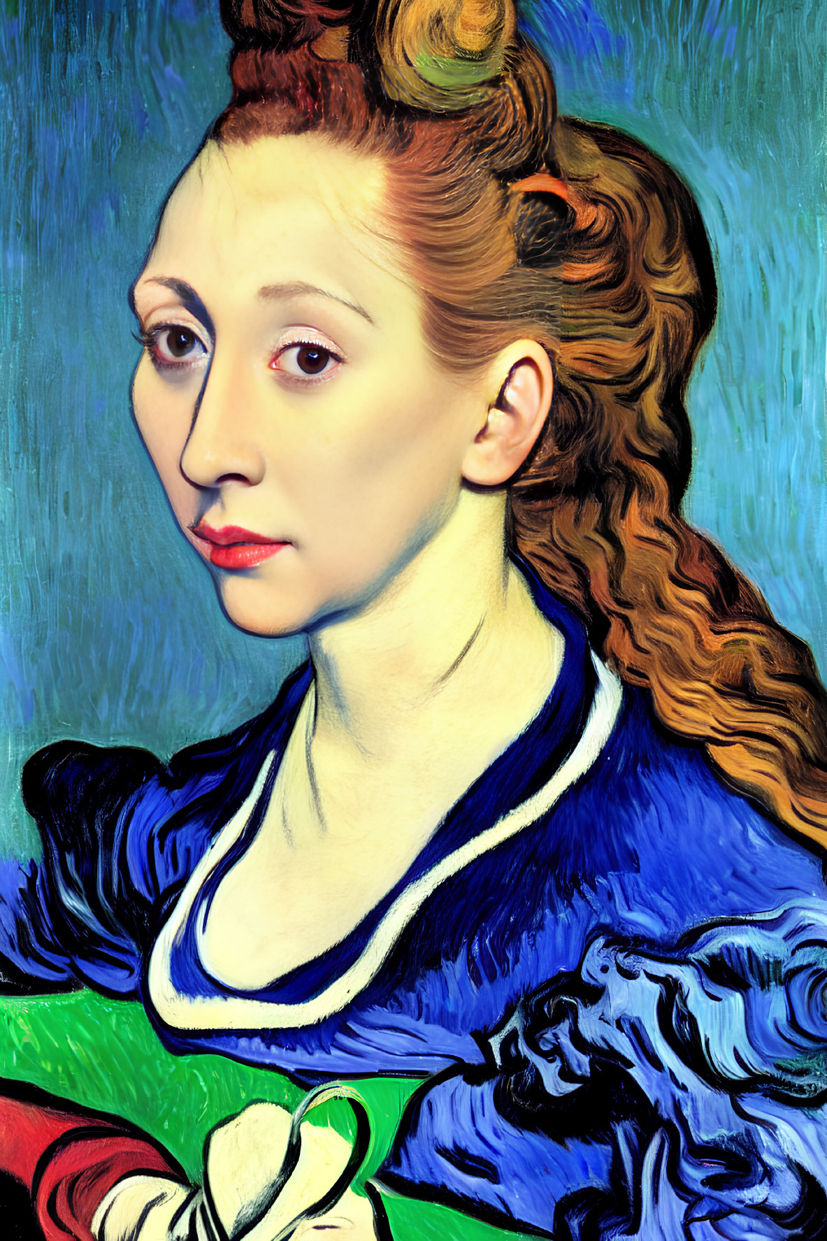 Portrait blending real woman's face with Van Gogh's post-impressionist style