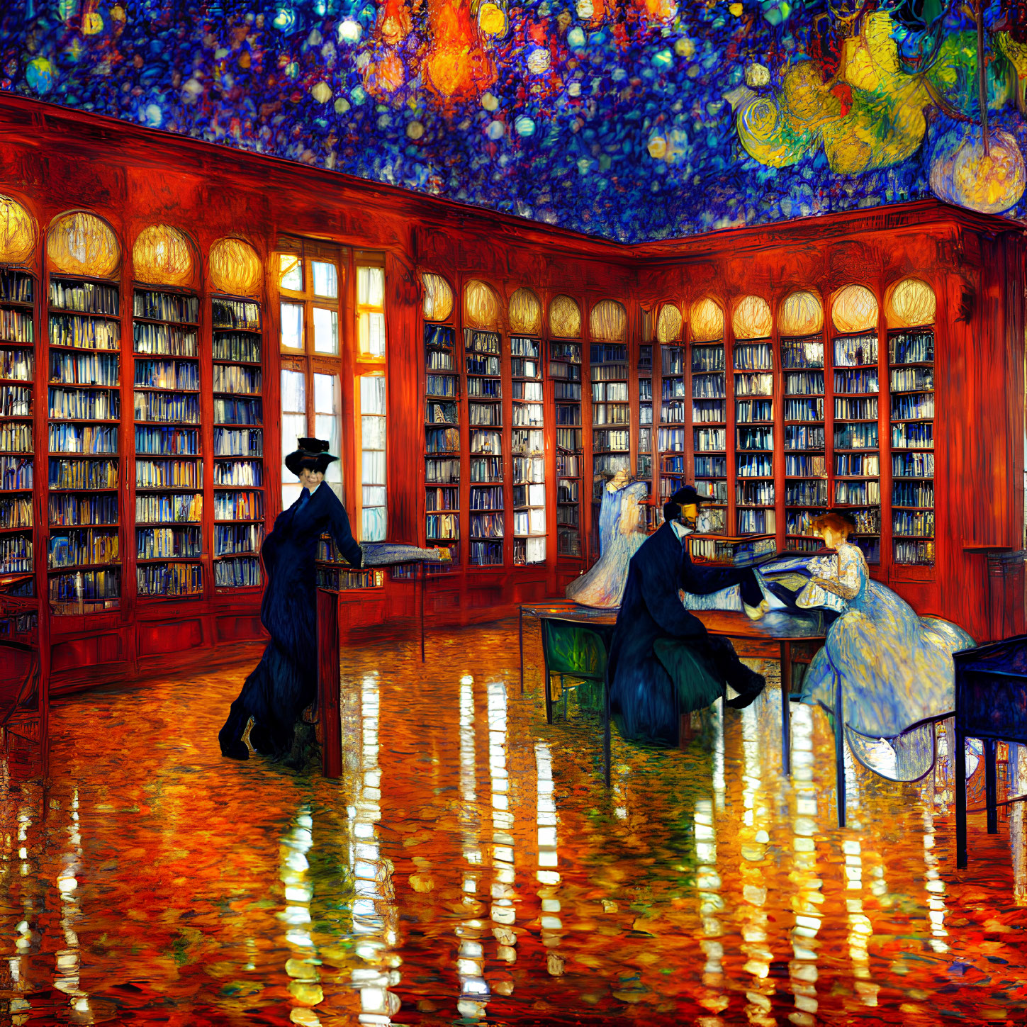 Vibrant impressionist painting of people in ornate library