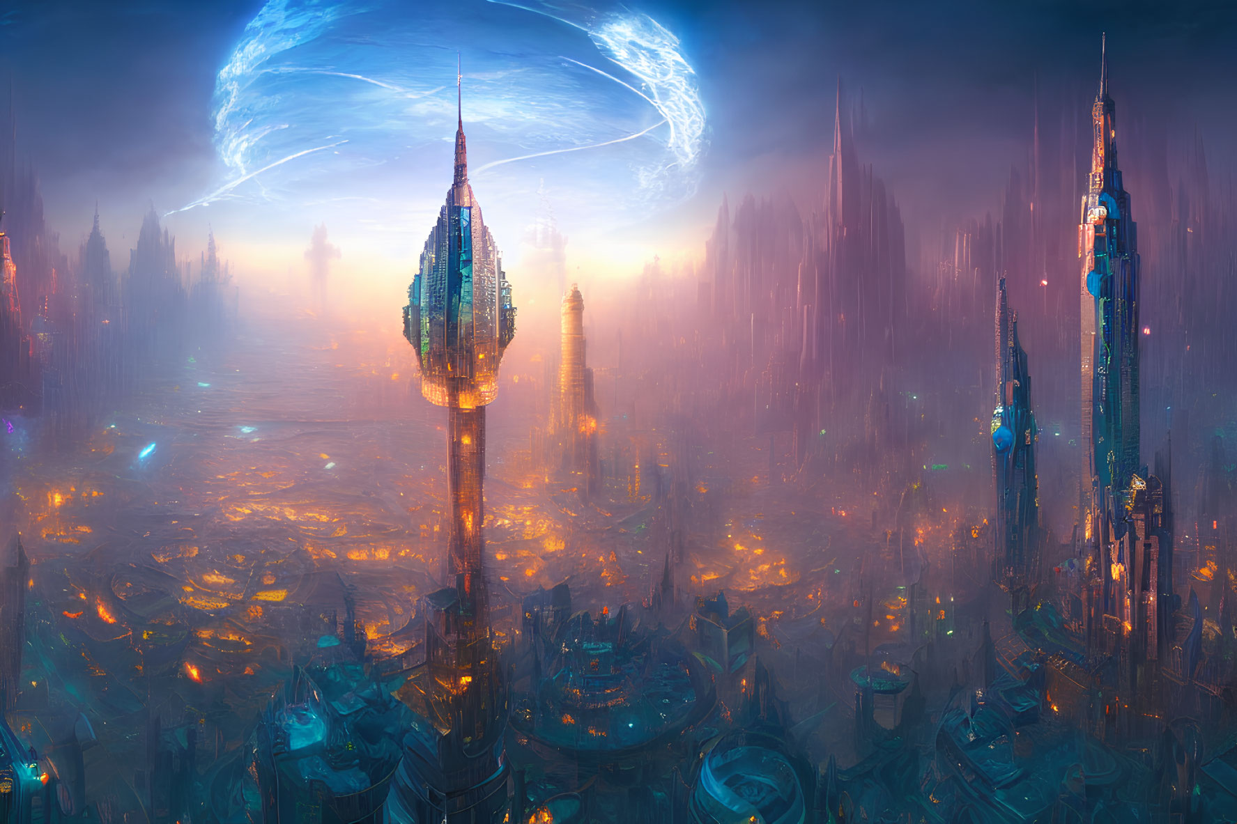 Futuristic cityscape with towering skyscrapers and cosmic energy field in hazy atmosphere