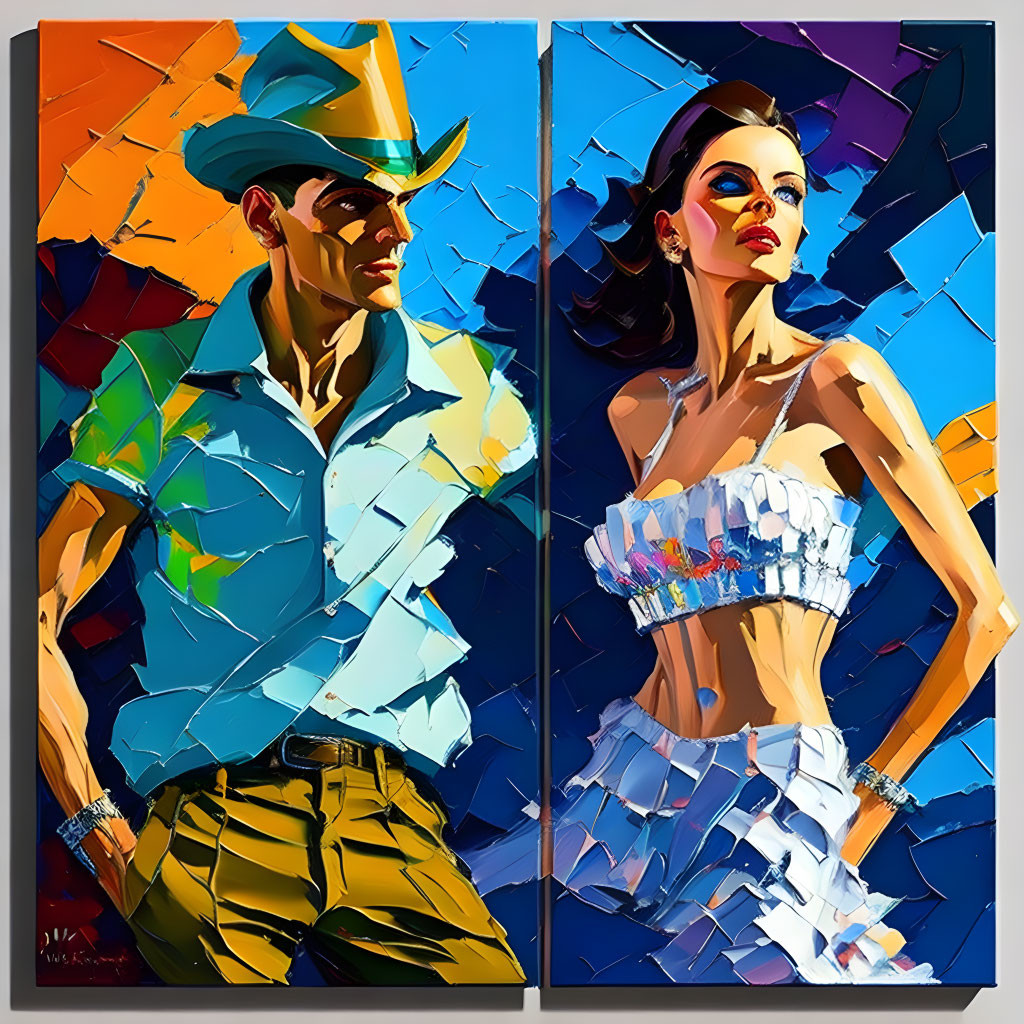 Vibrant Cubist-Style Painting of Man in Hat & Woman in White Dress