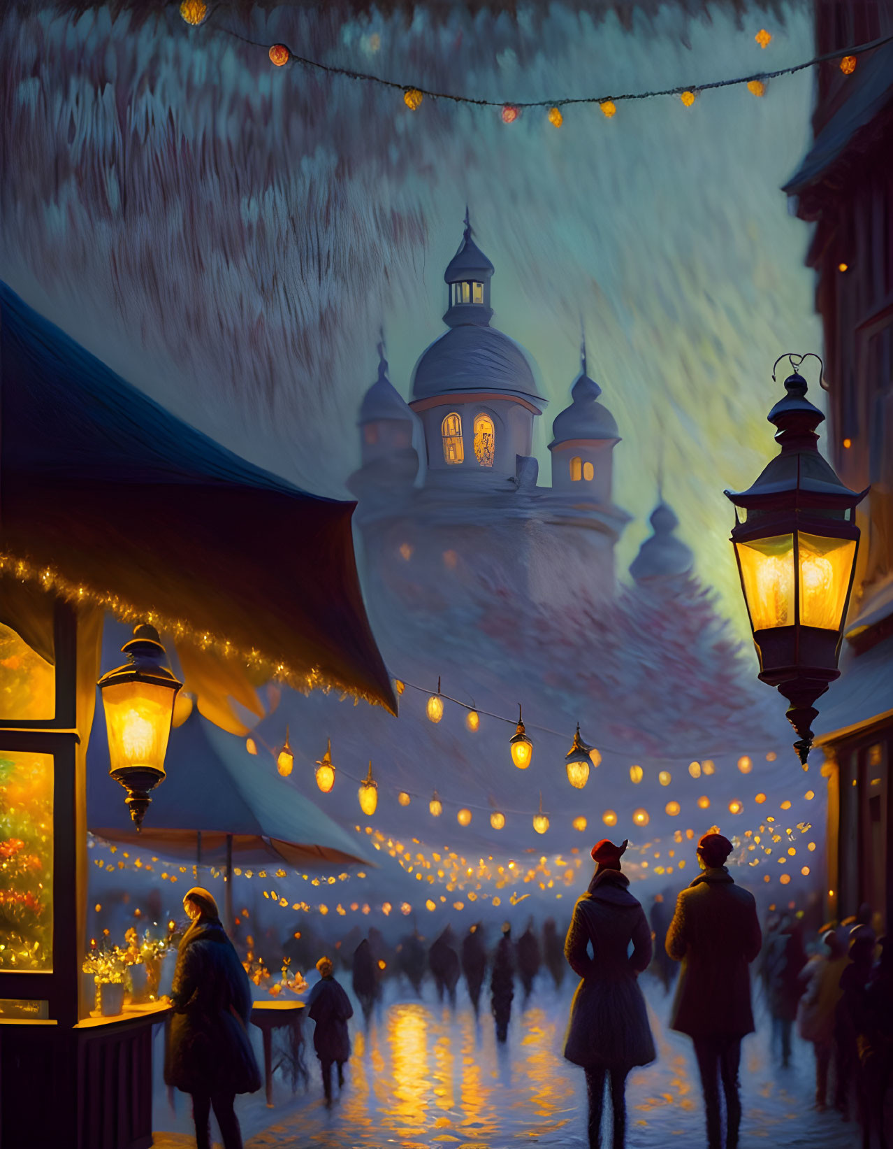 Twilight night market with glowing lanterns and historical buildings