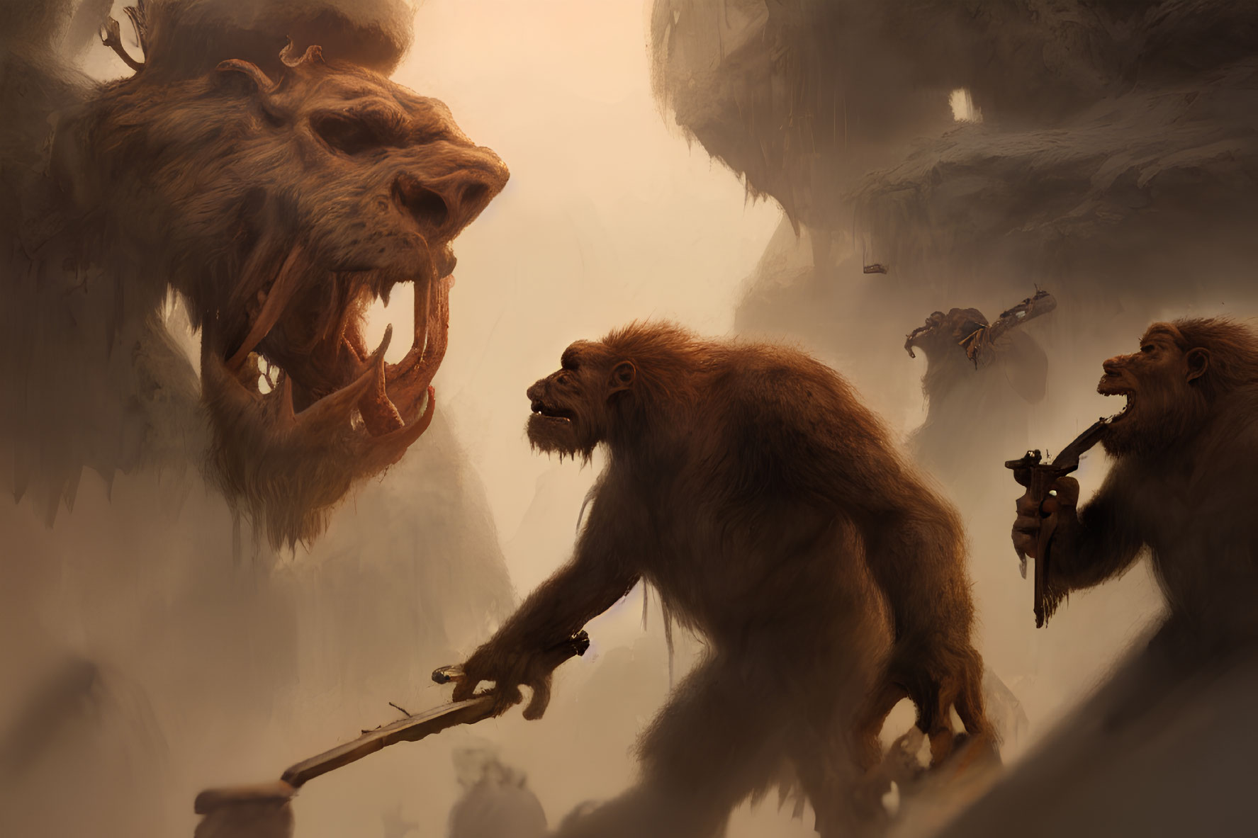 Fantasy scene with humanoid beasts, giant lion, in misty landscape