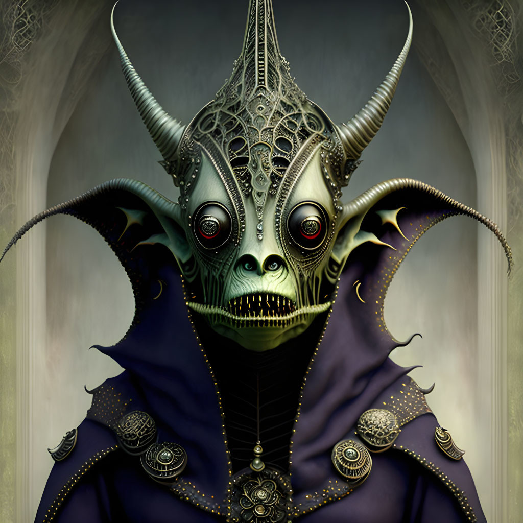Green-skinned creature with red eyes, pointed ears, horned helmet, and purple cloak