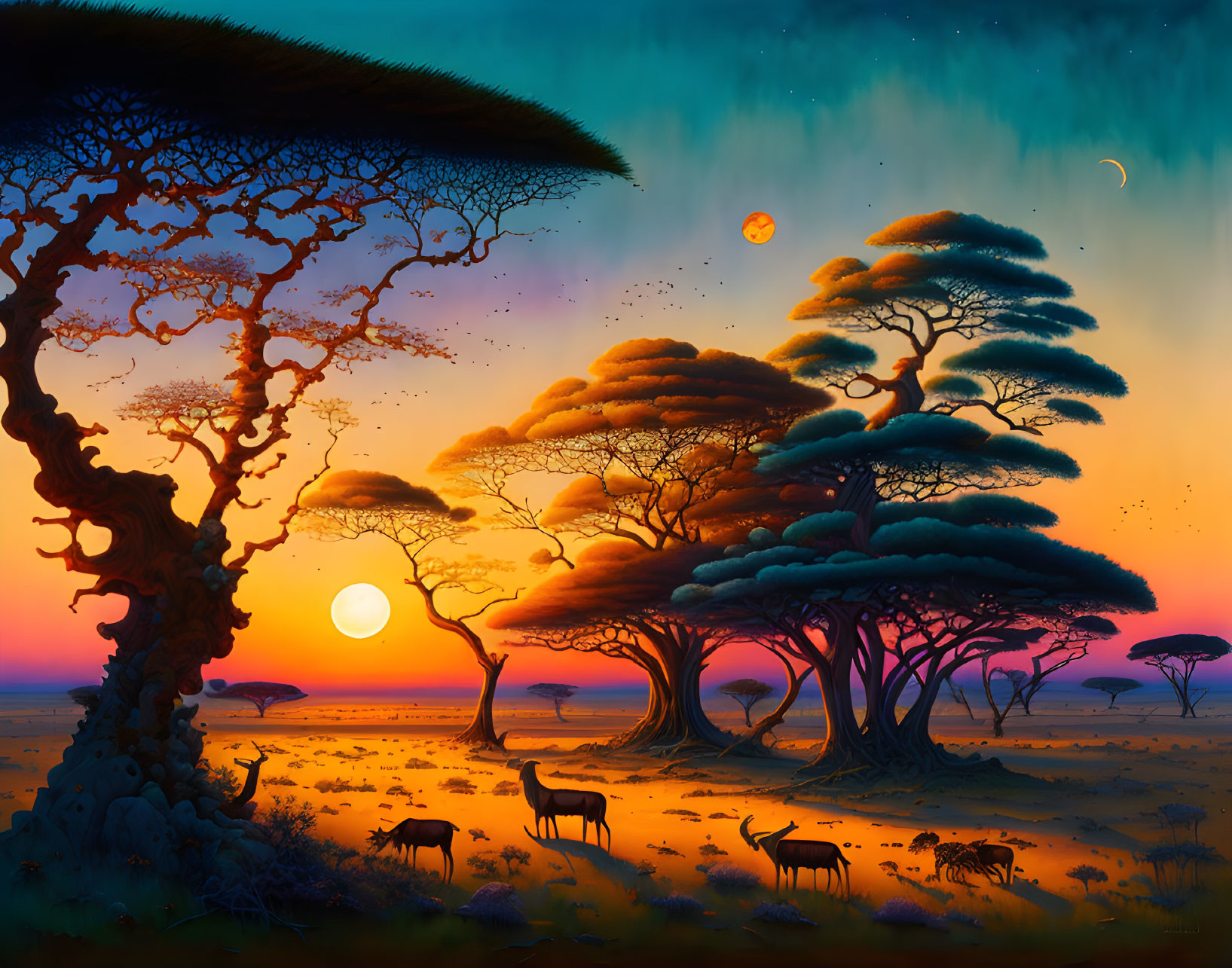 African savanna twilight scene with acacia tree, wildebeest herd, and surreal sky