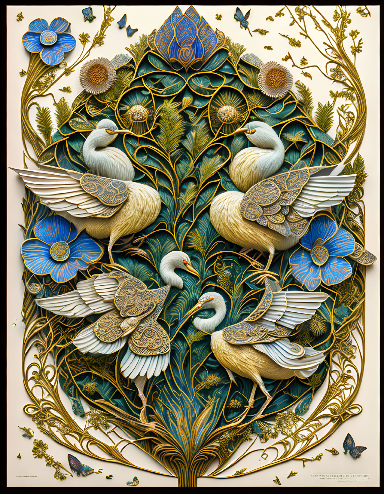 Detailed illustration of four doves in a golden leaf and peacock feather tapestry with blue flowers and