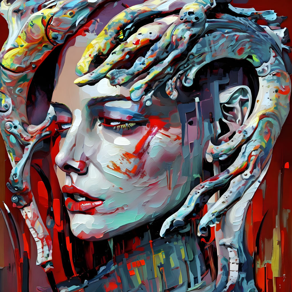 Colorful Abstract Portrait with Fragmented Style in Reds and Blues
