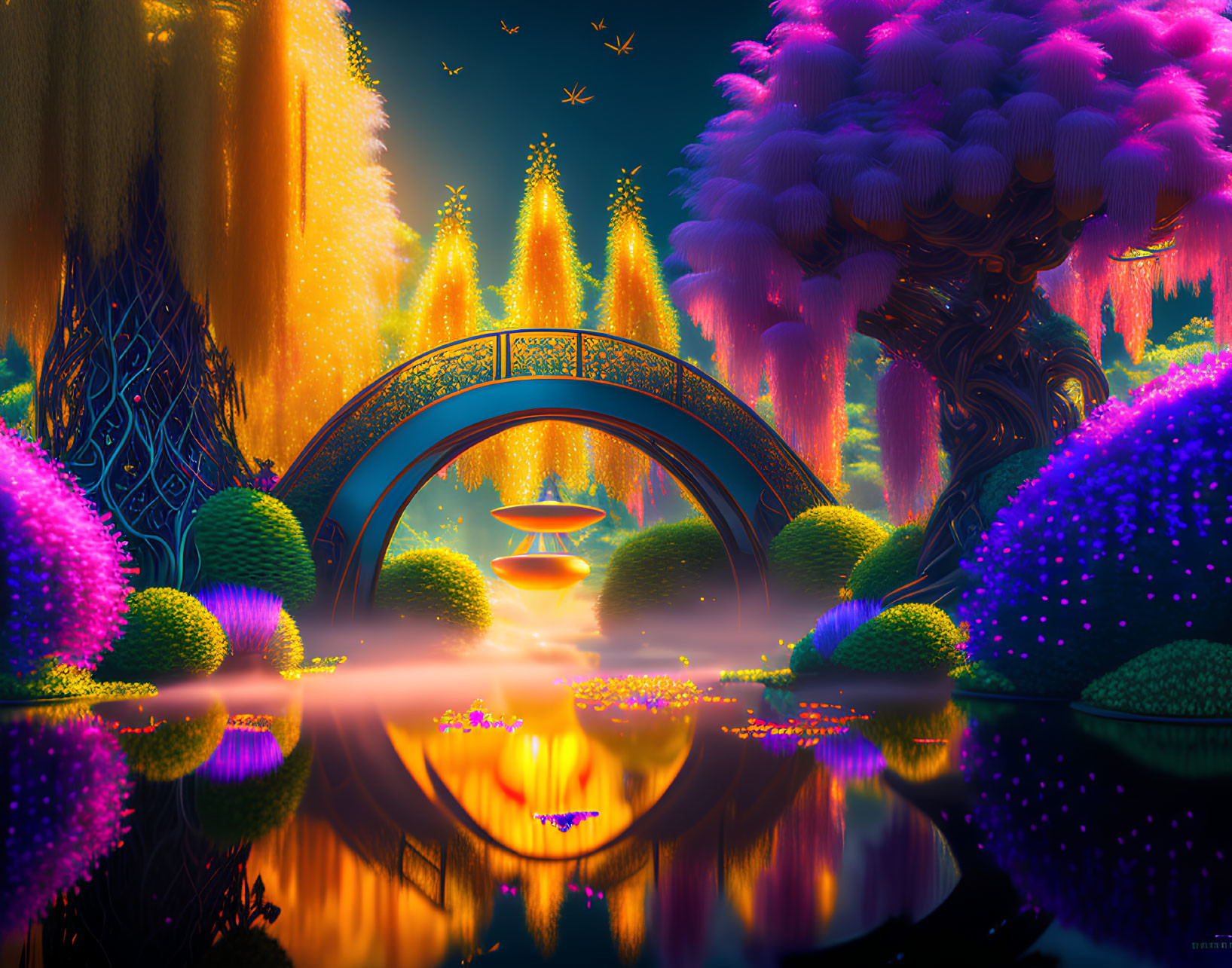 Colorful Fantasy Landscape with Reflective River and Ornate Bridge
