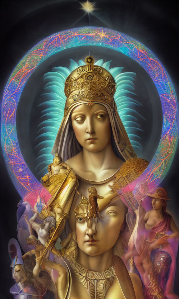 Detailed illustration of regal figure in golden armor with halo and scepter, surrounded by ethereal beings