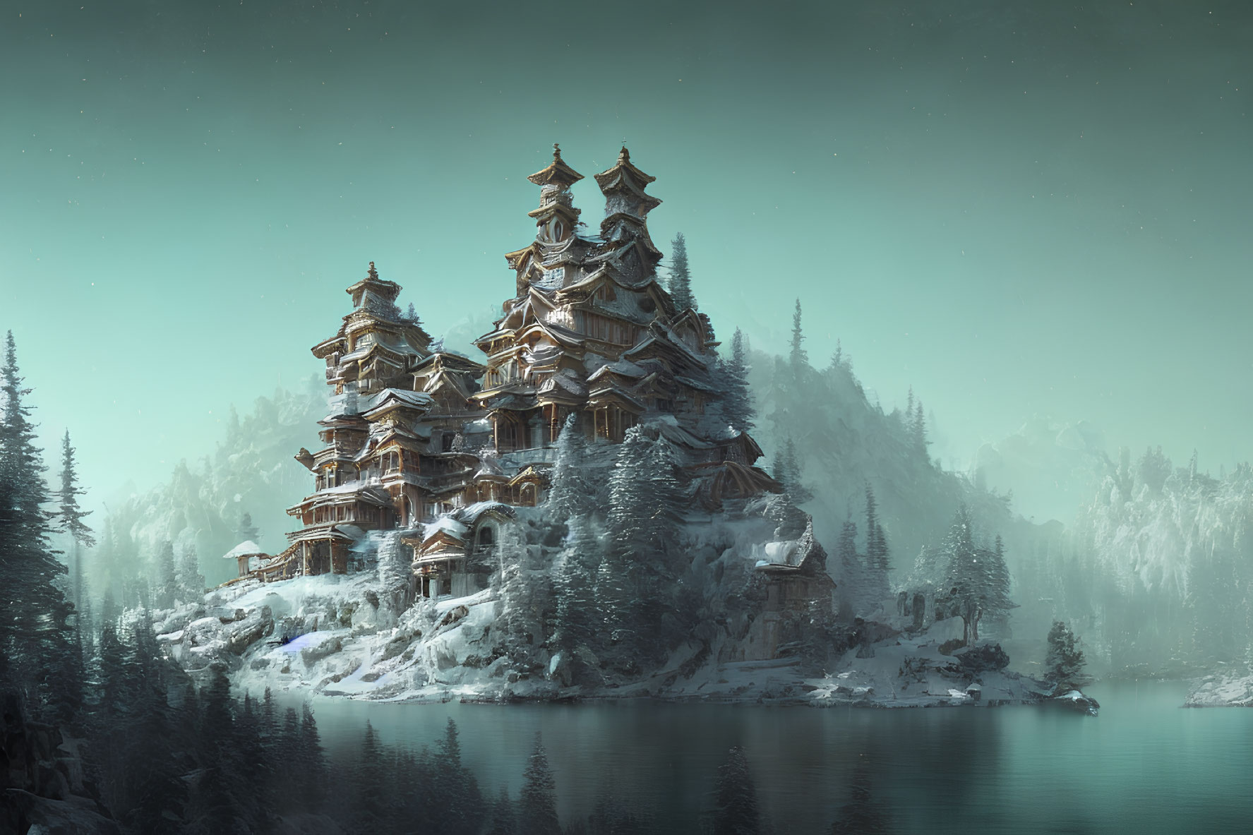 Snowy forest landscape with multi-tiered pagoda near tranquil lake