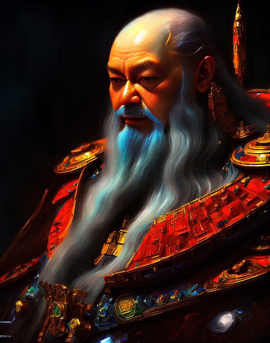 Elderly man in red and gold armor with white beard on dark background