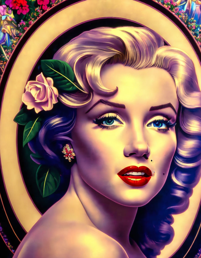 Vintage-style portrait of blonde woman with pink rose, red lipstick, and floral backdrop
