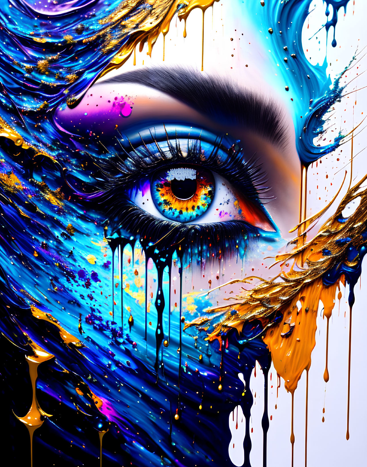 Colorful human eye artwork with blue, gold, and purple splashes