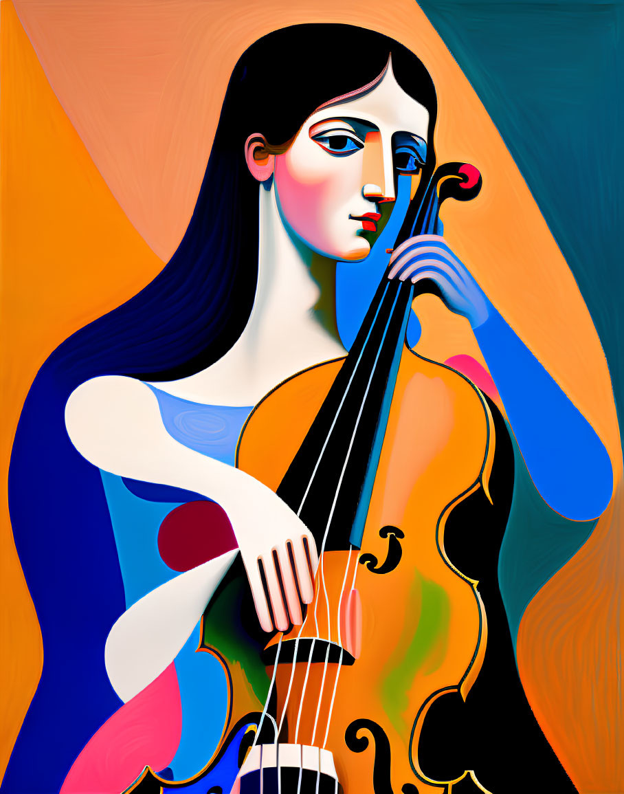 Colorful Stylized Image of Blue-Skinned Woman Playing Cello