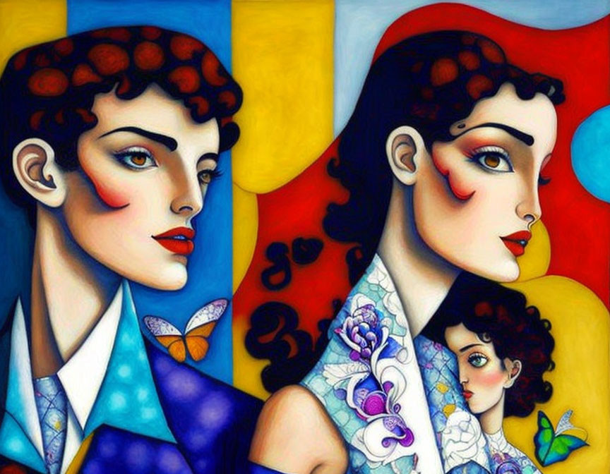 Colorful Stylized Illustration of Two Women with Butterfly Motifs