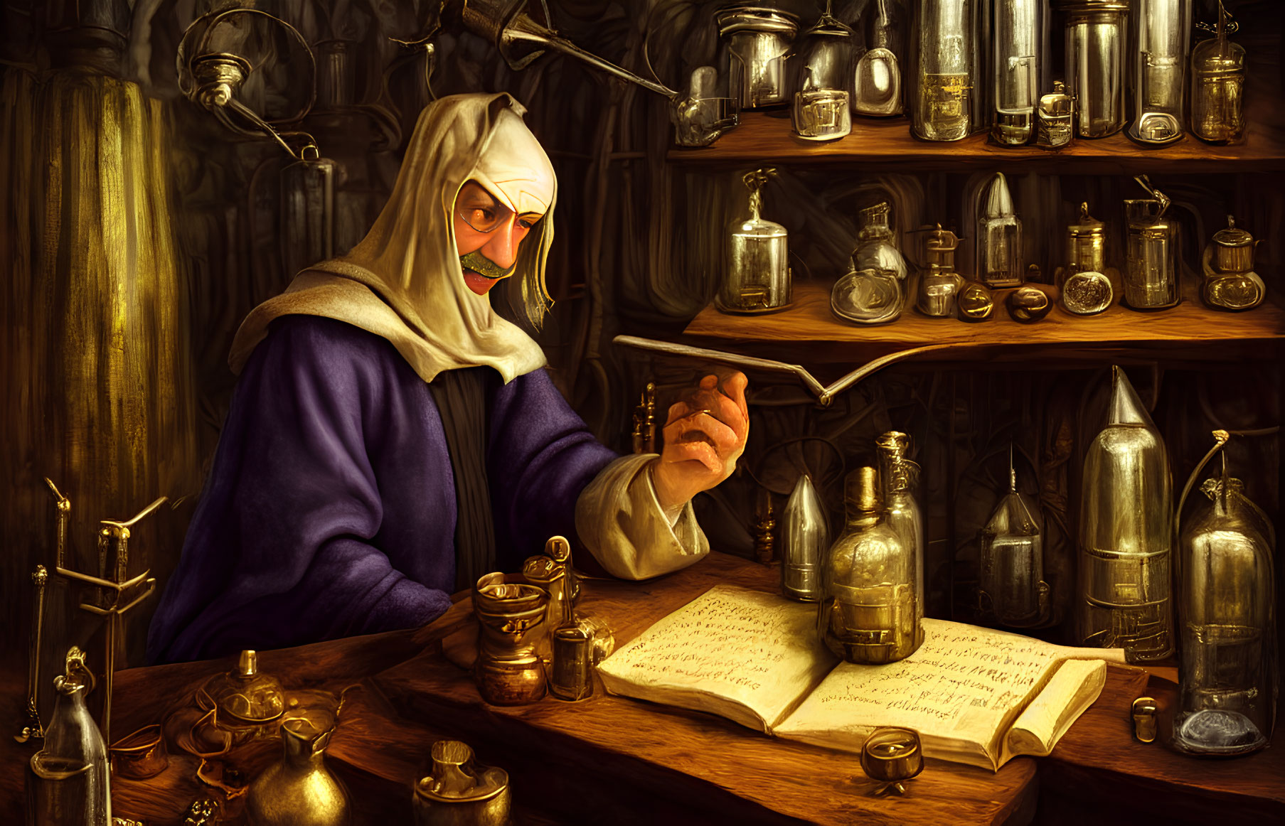 Alchemist in robe and beaked mask in candle-lit workshop