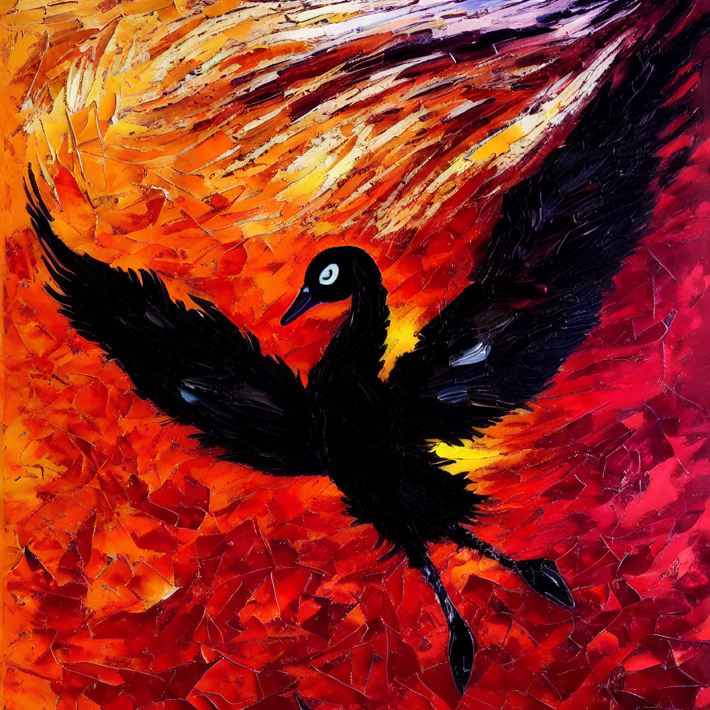 Colorful Abstract Painting: Black Bird in Flight with Red and Orange Textured Background