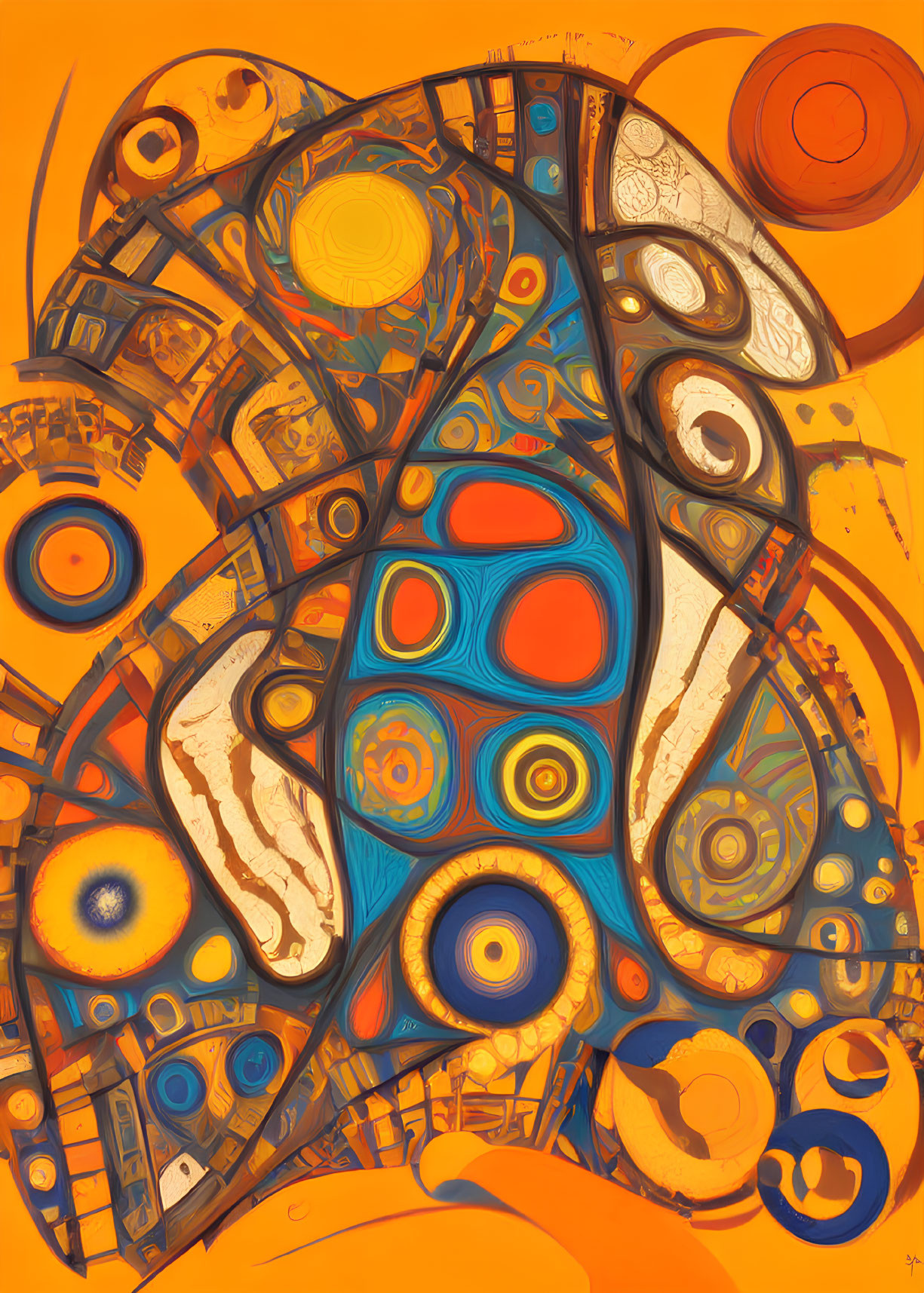 Vibrant Orange and Blue Abstract Art with Circular and Mechanical Elements
