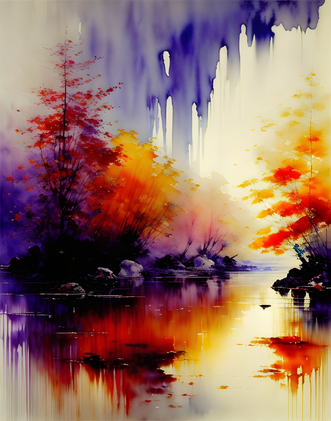 Vibrant Watercolor Landscape of Autumnal Trees Reflected on Lake