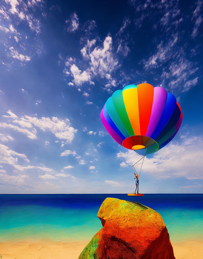 Colorful hot air balloon over beach with person reaching from rock - serene scene