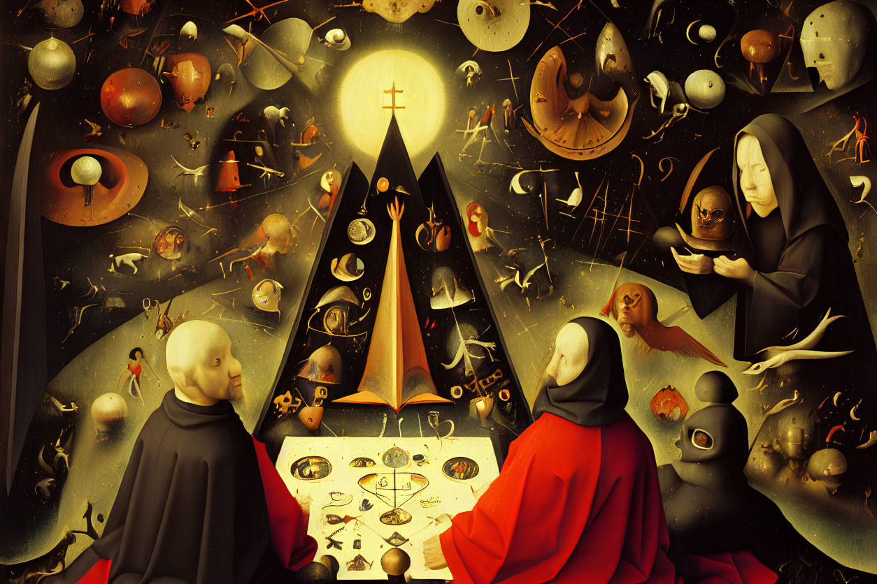 Surreal Artwork with Robed Figures and Planetary Orbs