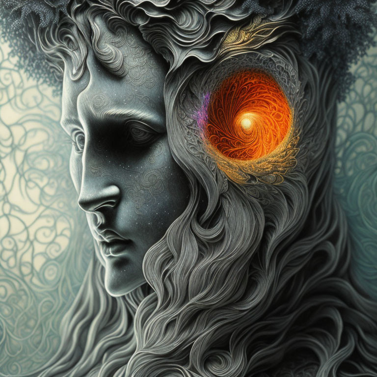 Intricate Hair and Fiery Nebula Eye Portrait on Patterned Backdrop