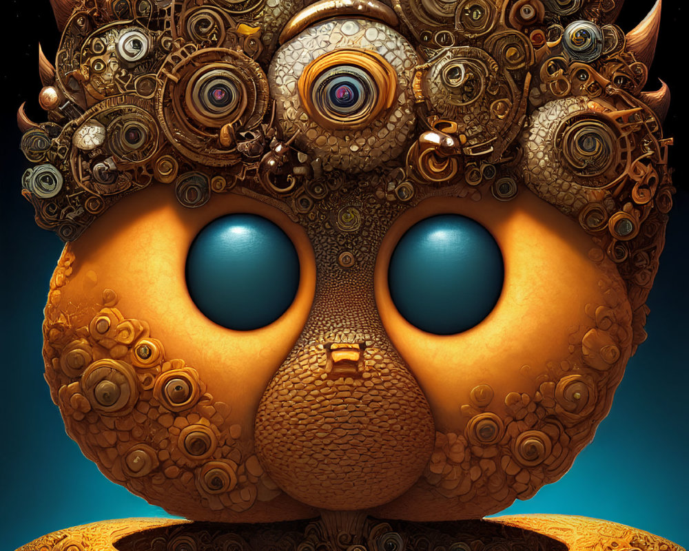Surreal illustration of character with large eyes and mouth and golden crown-like structure