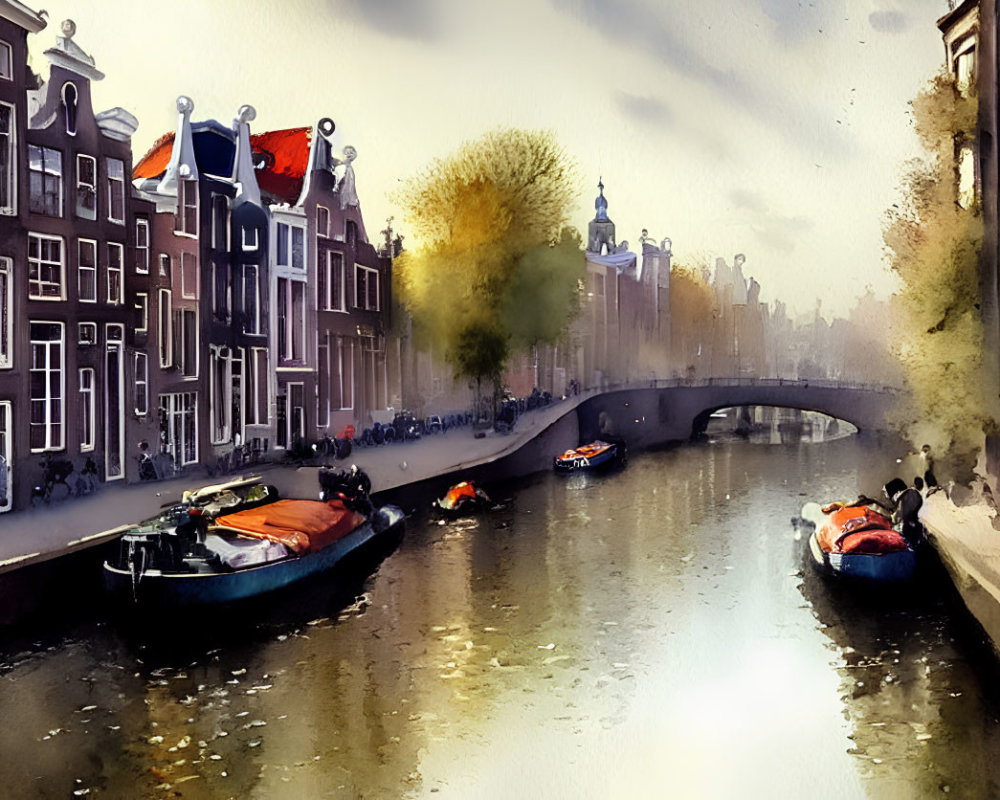 Serene canal watercolor with historic buildings and boats