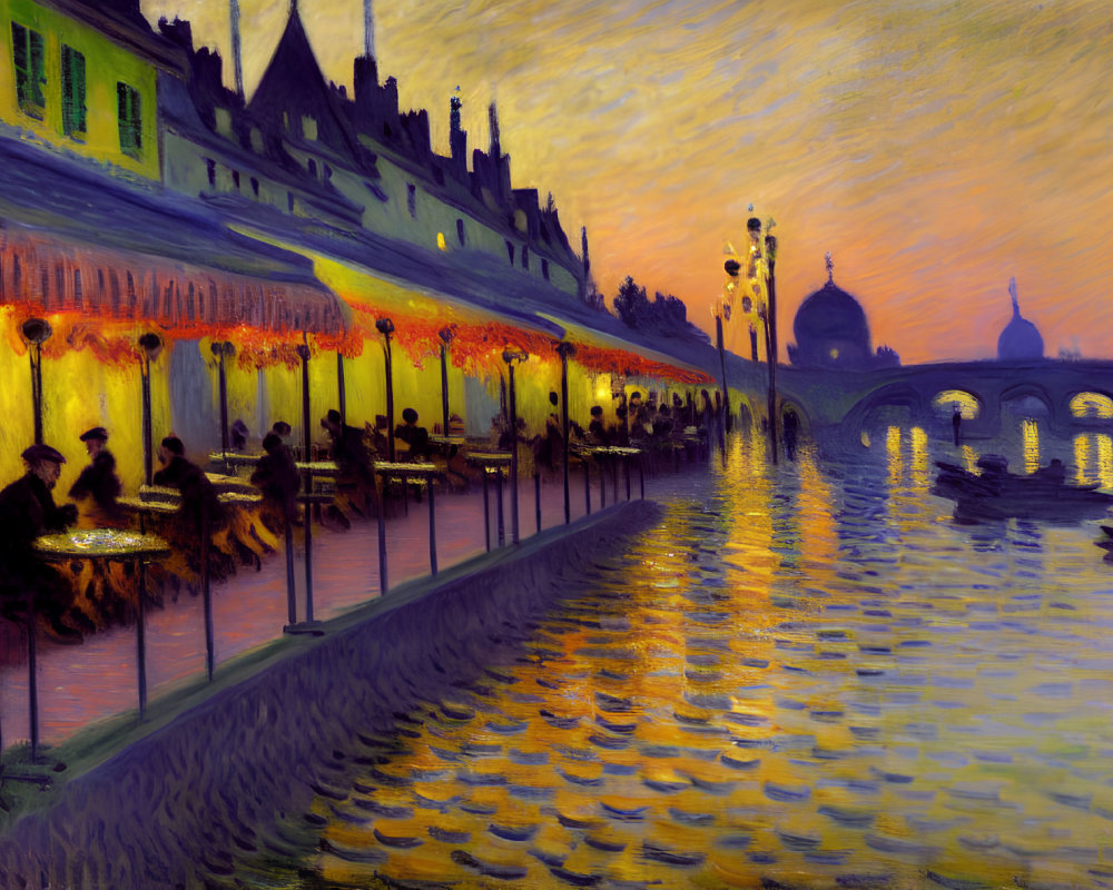 Impressionist-style painting of people dining by river at twilight