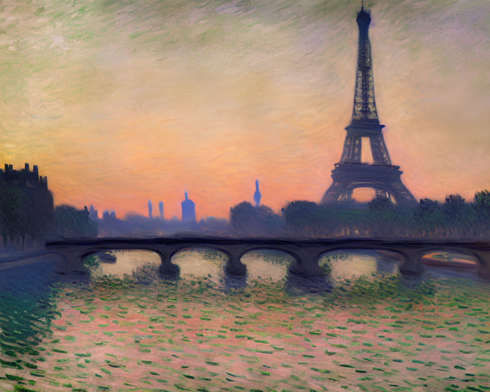 Scenic sunset view: Seine River, Eiffel Tower, bridge, pastel reflections