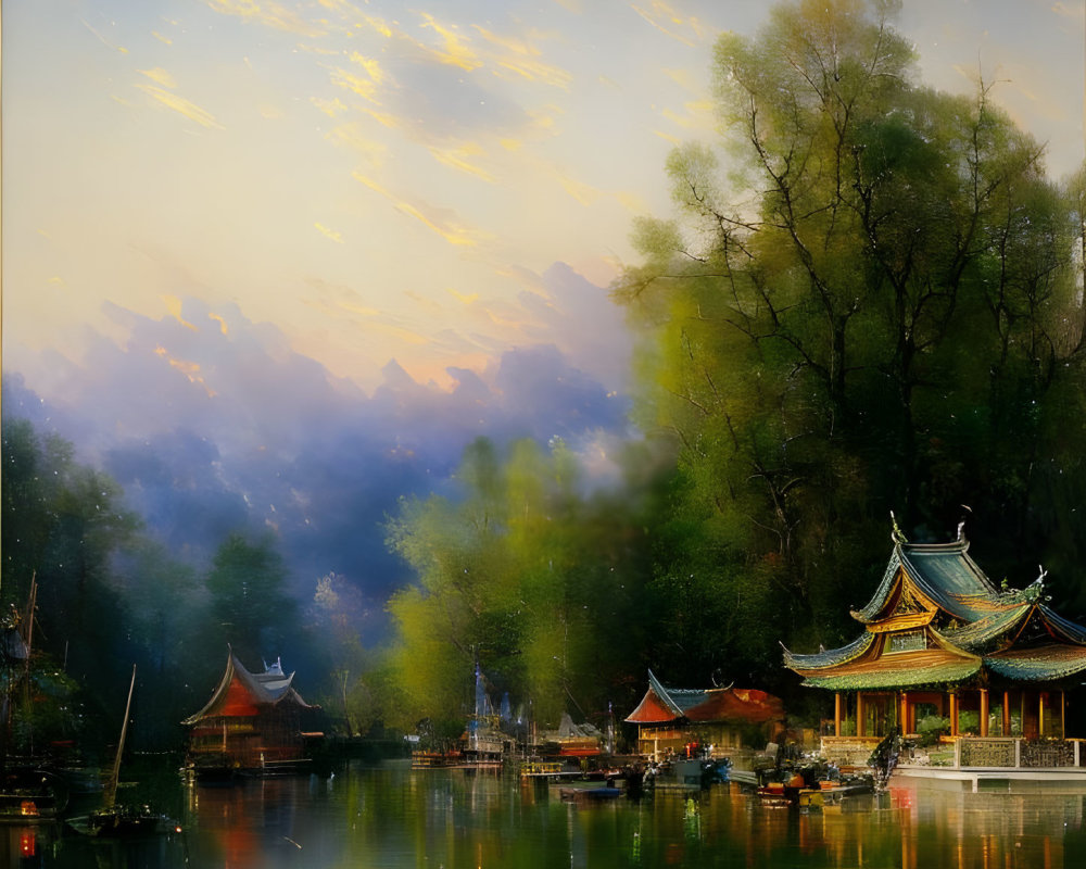 Traditional buildings, boats, and vibrant sky in serene lake scene
