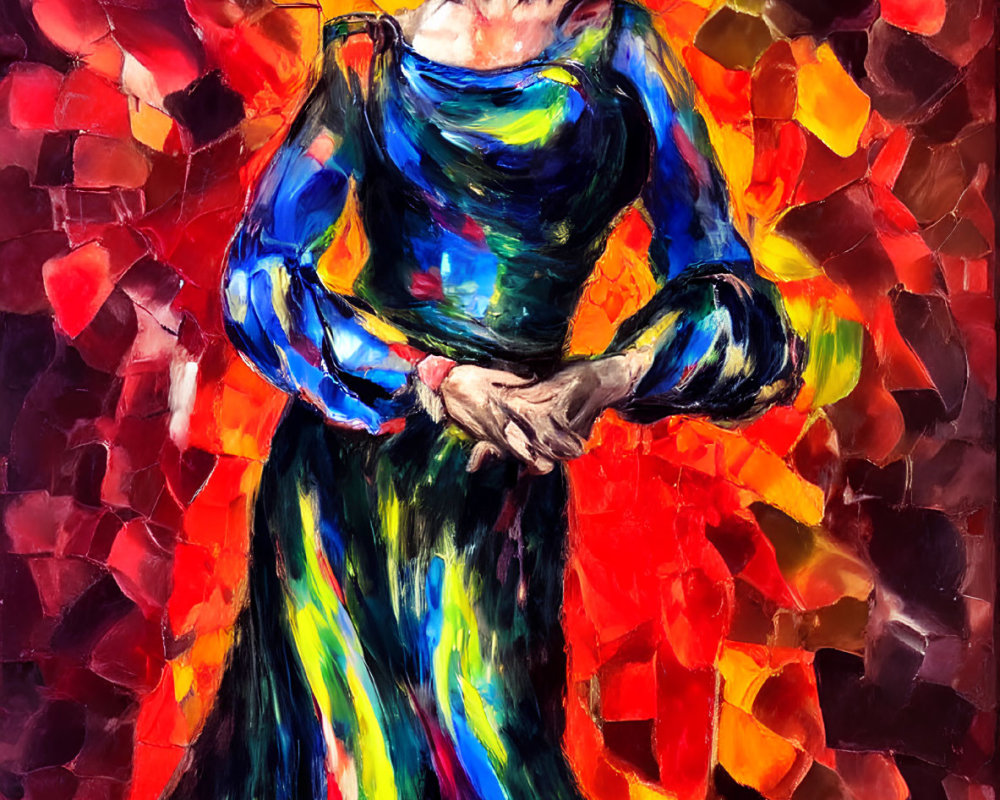 Colorful painting of woman in flowy dress against warm red and orange hues
